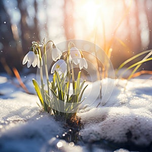 A group of snowdrops growing out of the snow