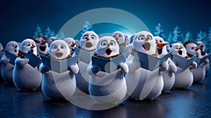A group of snowmen singing in a choir of singing snowmen