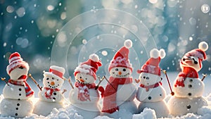 A group of snowmen of various sizes standing upright in a snowy landscape, Group of snowmen playing in a heavy snowfall