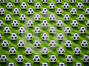 Group of soccer balls on football pitch. 3D illustration