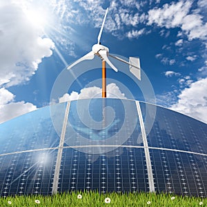Group of Solar Panels and a Small Wind Turbine - Renewable Energy Concept