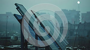 A group of solar panels stands tall against the backdrop of a dreary abandoned city providing a ray of hope through