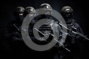 Group of soldiers in black uniform with assault rifle isolated on black background, Armed special forces group with shotguns on a