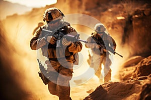 Group of Soldiers Marching Through Desert in Formation, United States Marine Corps Special forces soldiers in action during a