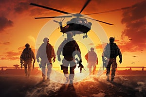 A group of soldiers walking in formation towards a helicopter, ready for deployment, Infantry soldiers and helicopters on a sunset