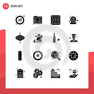 Group of 16 Solid Glyphs Signs and Symbols for abrahamic, focus, box, eye, web cam photo