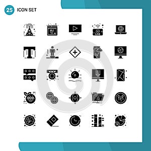 Group of 25 Solid Glyphs Signs and Symbols for world, news, website, live, utube photo