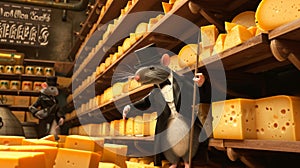 A group of sophisticated mice dressed in tuxedos and top hats can be seen crawling up shelves filled with cheese in this photo