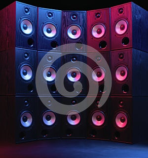 Group of sound speakers in neon light on black.