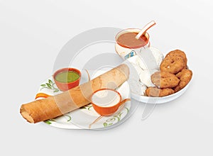 South Indian food Paper Masala Dosa (dhosa)  Idli or idly  Wada or vada (Medu Vada)  sambhar and coconut