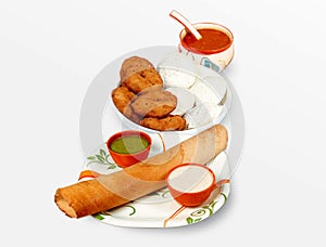South Indian food Paper Masala Dosa (dhosa)  Idli  idly  Wada  vada (Medu Vada)  sambhar  sambar and coconut