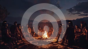 A group of Spartan Hoplites gather around a fire to share stories of their past battles. Their bond as brothers in arms