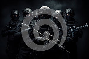 Group of special forces soldiers in black uniforms and masks with guns on dark background, Armed special forces group with