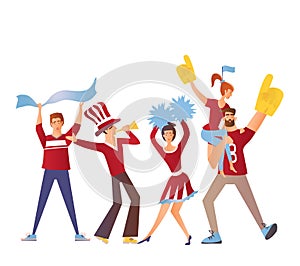 Group of sport fans with attributes cheering for the team. Flat vector illustration on a white background. Isolated