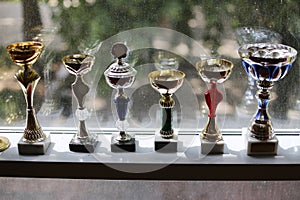 Group of sport trophies in row in a sport hall