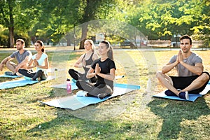 Group of sporty people practicing yoga in park