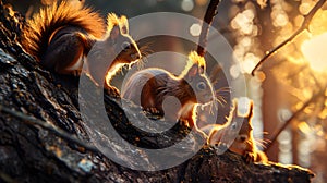 Group of squirrels on the forest tree in the evening with sunset
