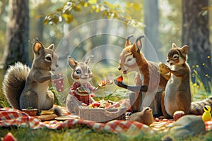 A group of squirrels gathers on top of a blanket outdoors, A playful family of animals enjoying a day out at the park, complete