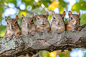 A group of squirrels sitting on top of a tree branch