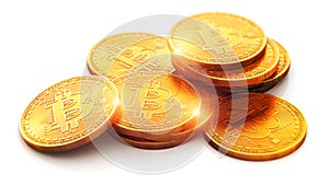 Group of stacked golden bitcoin coins isolated on white background