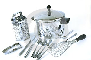 Group of stainless steel kitchen items