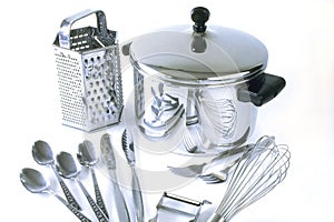 Group of stainless steel kitchen items