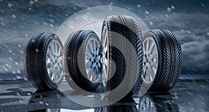 Group of standing car wheels with tire in the rain