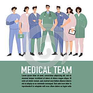 Group of standing doctors. Medical poster for clinics.