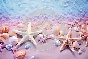 Group of starfish and seashells on beach