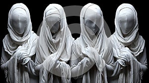 A group of statues are wrapped in white cloths and praying, AI