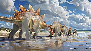 A group of Stegosaurs recognizable by their plated backs searching for tasty sea gr poking through the sand