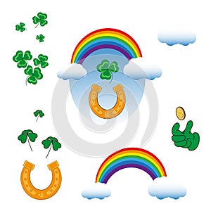 A group of sticker elements for celebrating St. Patrick`s Day, Green Clover Festival, Rainbow and Horseshoe as a sign of the Iris