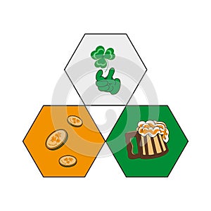 A group of stickers for the celebration of St. Patrick`s Day, green clover, a coin and a beer mug as a sign of the Irish holiday