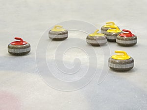 Group of stones for curlinggame in curling on ice.