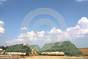 Group of straw bales at rural horse farm