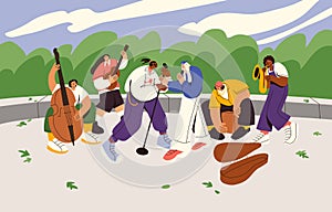 Group of street musicians playing music instruments and singing outdoor. Flat vector illustration of young people with microphone.