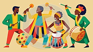 A group of street performers dressed in colorful attire playing energetic rhythms with African drums and other