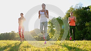 Group stretching workout, large group stretches outdoor on a green grass in park