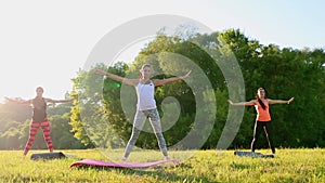 Group stretching workout, large group stretches outdoor on a green grass in park