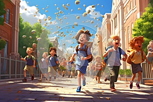 A group of student children running down a street, back to school concept, neural network generated cartoon style image