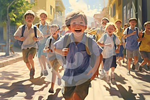 A group of student children running down a street, back to school concept, neural network generated cartoon style image