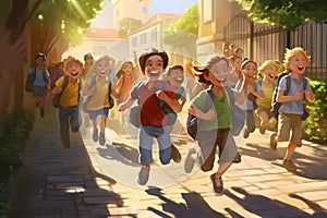 A group of student children running down a street, back to school concept, neural network generated cartoon style image
