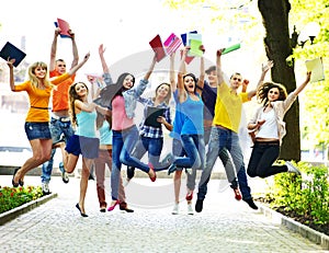 Group student with notebook outdoor.