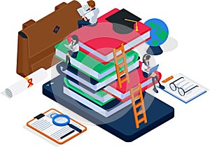 Group of students doing online education learning together and sit on big books composition. Isometric e-learning illustration