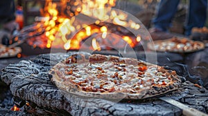 A group of students gathered around a large open fire learning how to make traditional woodfired pizza in an outdoor