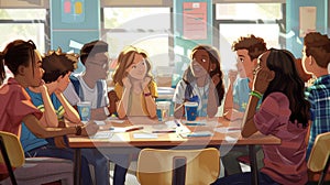 A group of students huddle around a table in the school cafeteria swapping stories and laughs as they reminisce about photo