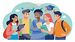 A group of students huddled together in a corner discussing the merits of various student loans.. Vector illustration. photo