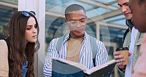 Group of students outside campus with book, discussion, smile with education, learning and reading. Knowledge