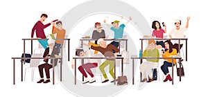 Group of students or pupils sitting at desks in classroom and demonstrating bad behavior - fighting, eating, sleeping