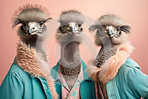 Group studio portrait of fat emus in clothes, concept of Avian Anthropomorphism, created with Generative AI technology